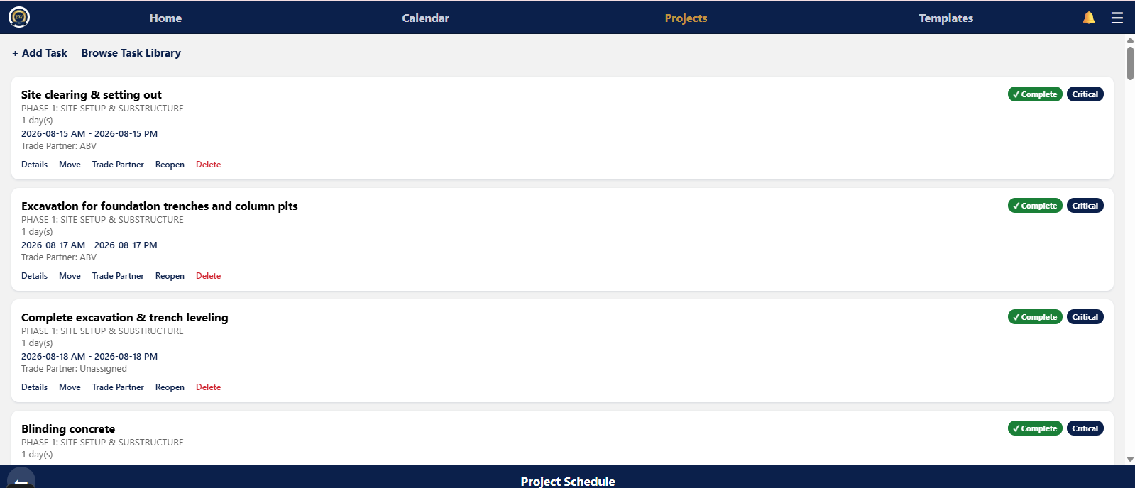 Project Schedule screen showing an ordered task list with phases, dates, and status
